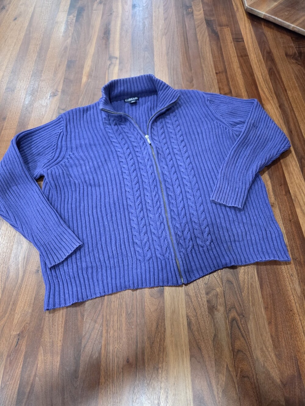 Lands' End Cable Knit Heavy Weight Full Zip Purple Cardigan Mock/Stand Collar XL